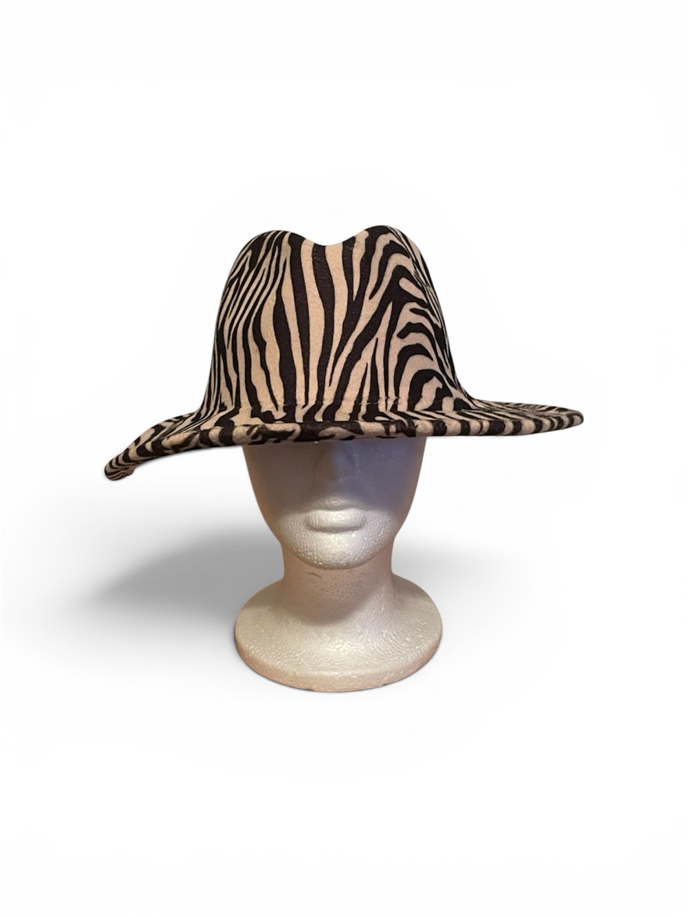 Wide Brim Zebra Print Wool Fedora Hat - Black & Cream